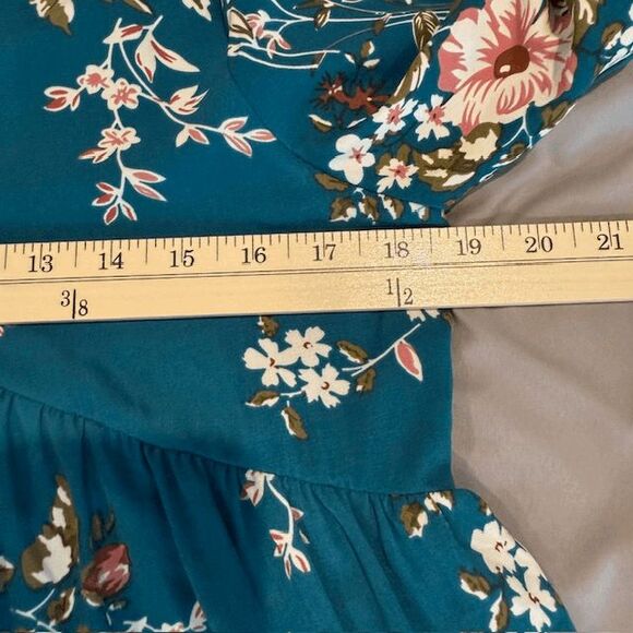 Altar'd State Floral Teal Long Sleeve Dress Empire Waist Bell Sleeves Size Small - Picture 8 of 11